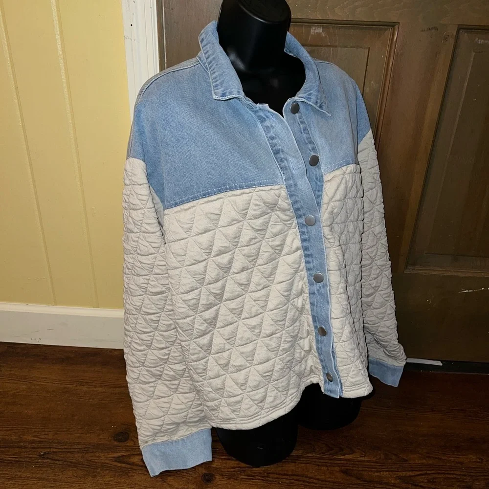 So Me Quilted Cream Button Up Light Blue Denim Trim Long Sleeve Jacket Size XL - Picture 6 of 12